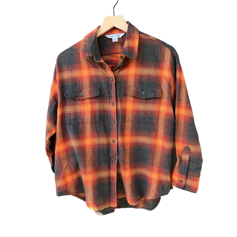 Old Navy Boyfriend Flannel Tunic Shirt M Petite Orange Black Plaid Fall Pumpkin